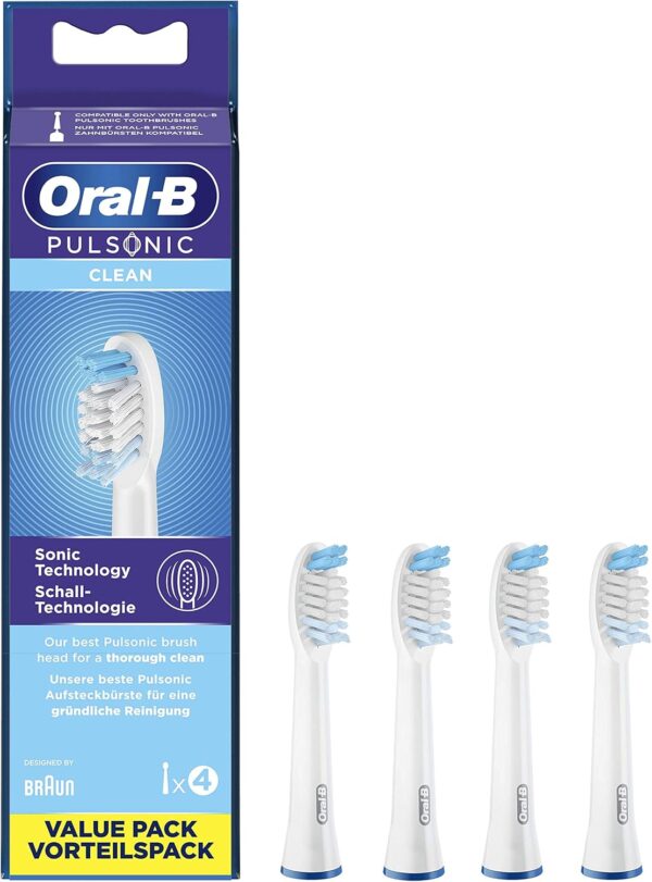 Oral-B Pulsonic Clean Toothbrush Heads (4 Pack) are designed to deliver gentle yet effective cleaning for your sonic toothbrush. Featuring soft, densely packed bristles, these brush heads provide thorough plaque removal while being gentle on gums and enamel. The individually packaged heads ensure hygienic freshness with every replacement. Specifically crafted for Oral-B's Pulsonic sonic toothbrush handles, they enhance cleaning efficiency with gentle sound technology that boosts plaque removal deep between teeth and along the gumline. The Pulsonic Clean heads support daily oral hygiene routines by combining advanced cleaning power with soft care for sensitive mouths. Regular replacement every three months is recommended to maintain optimal performance and oral health.