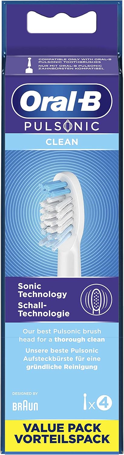 Oral-B Pulsonic Clean Toothbrush Heads (4 Pack) are designed to deliver gentle yet effective cleaning for your sonic toothbrush. Featuring soft, densely packed bristles, these brush heads provide thorough plaque removal while being gentle on gums and enamel. The individually packaged heads ensure hygienic freshness with every replacement. Specifically crafted for Oral-B's Pulsonic sonic toothbrush handles, they enhance cleaning efficiency with gentle sound technology that boosts plaque removal deep between teeth and along the gumline. The Pulsonic Clean heads support daily oral hygiene routines by combining advanced cleaning power with soft care for sensitive mouths. Regular replacement every three months is recommended to maintain optimal performance and oral health.